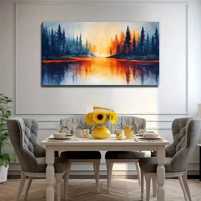 Sunset Pine Forest Suitable Wall Art Canvas Office Home Room Framed 80x45cm