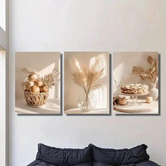 3pcs Dried Flowers in Vase, Warm Art, Fruits, Metal Print Ready to Hang Art