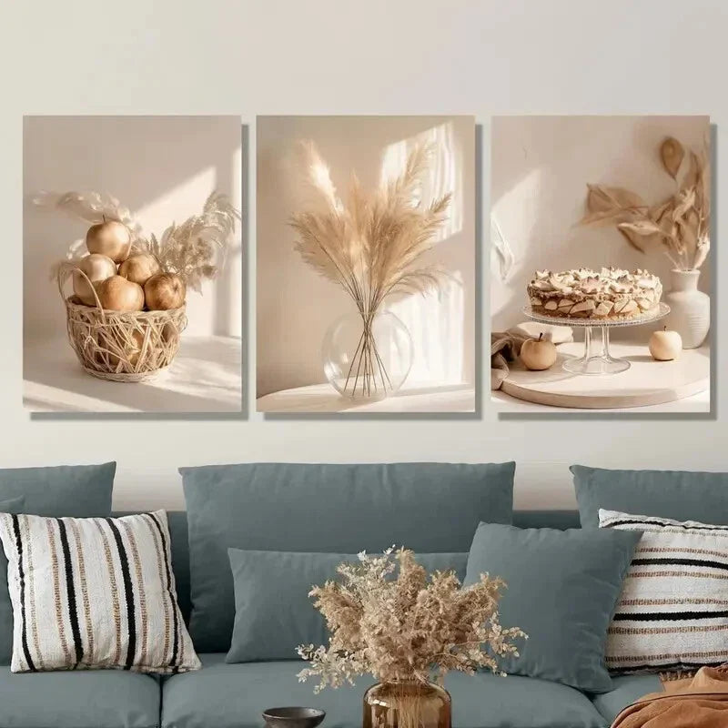 3pcs Dried Flowers in Vase, Warm Art, Fruits, Metal Print Ready to Hang Art