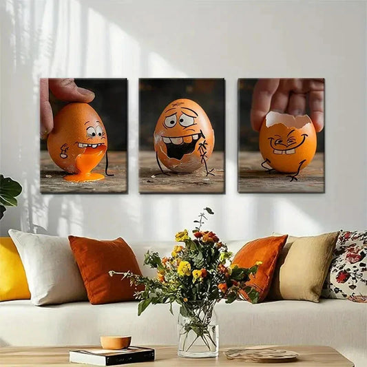 3pcs Funny Egg Playful Cartoon Perfect Wall Art Set Canvas Framed 40x60cm - High Quality Print 100% Australian Made Wall Canvas Ready to Hang