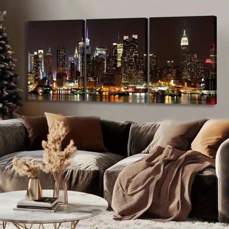 3pcs Modern Nighttime City Skyline Wall Art Set Canvas Framed 40x60cm - High Quality Print 100% Australian Made Wall Canvas Ready to Hang