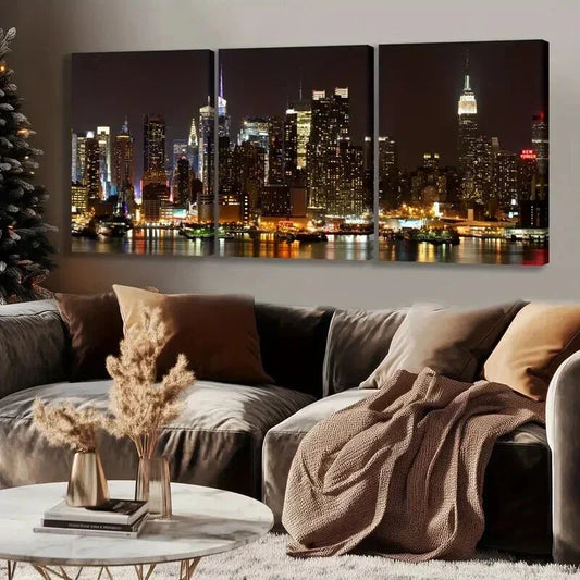 3pcs Modern Nighttime City Skyline Wall Art Set Canvas Framed 40x60cm - High Quality Print 100% Australian Made Wall Canvas Ready to Hang