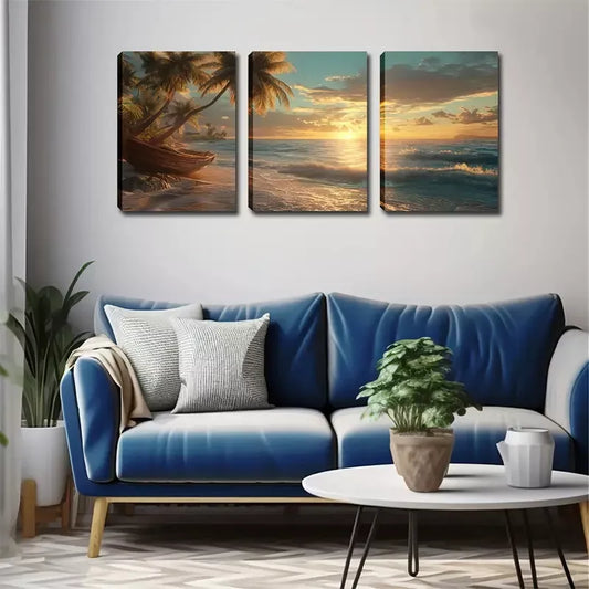 3pcs Coconut Trees & Ocean View Wall Art Set Canvas Framed 40x60cm - High Quality Print 100% Australian Made Wall Canvas Ready to Hang