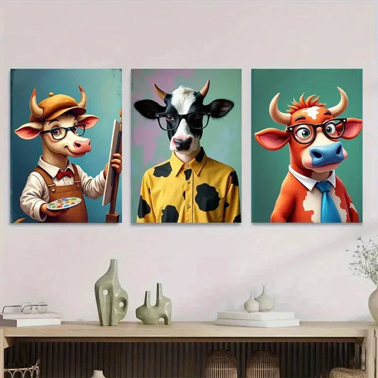 3pcs Colorful Cow Modern Farmhouse Animal Wall Art Set Canvas Framed 40x60cm - High Quality Print 100% Australian Made Wall Canvas Ready to Hang