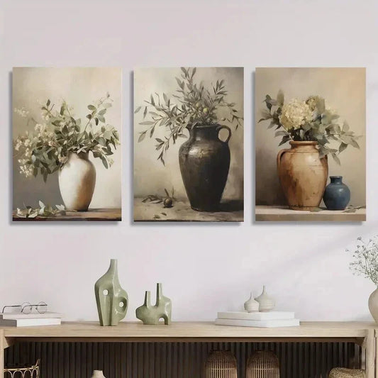 3pcs Vintage Still Life Painting of Vases Metal Print Ready to Hang Art