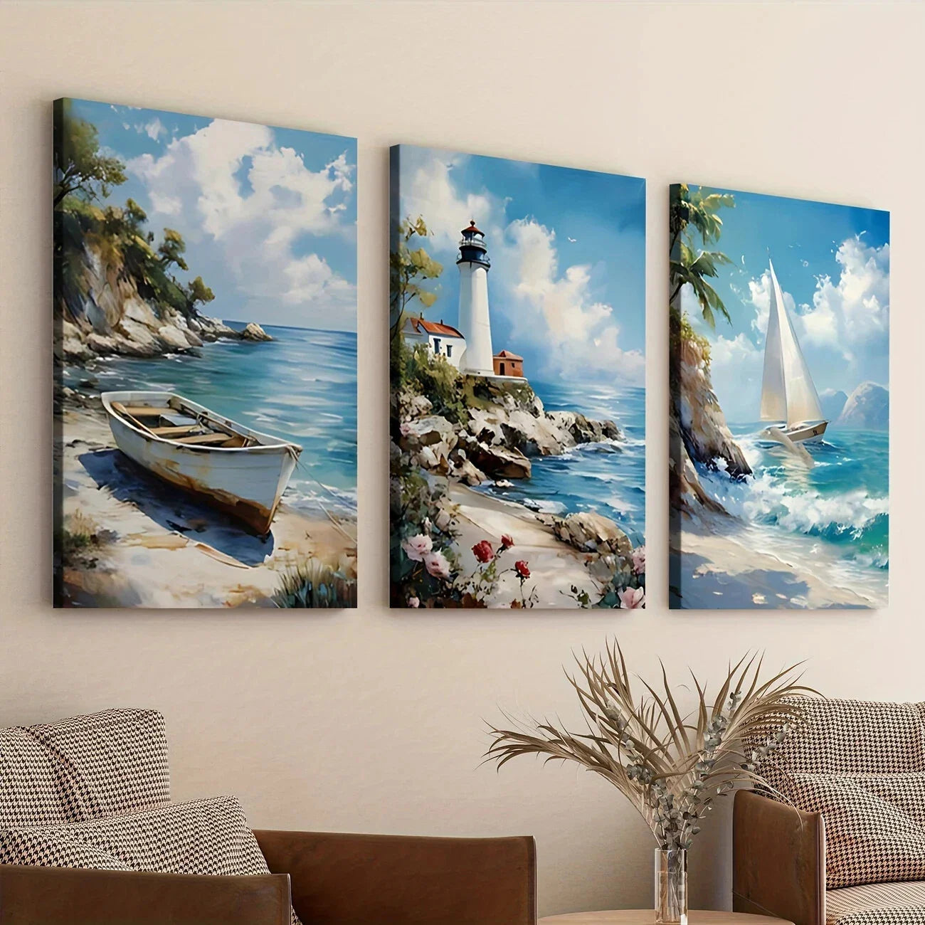 3pcs Beach House Light House Sail Boat Blue Sky Wall Art Set Canvas Framed 40x60cm - High Quality Print 100% Australian Made Wall Canvas Ready to Hang