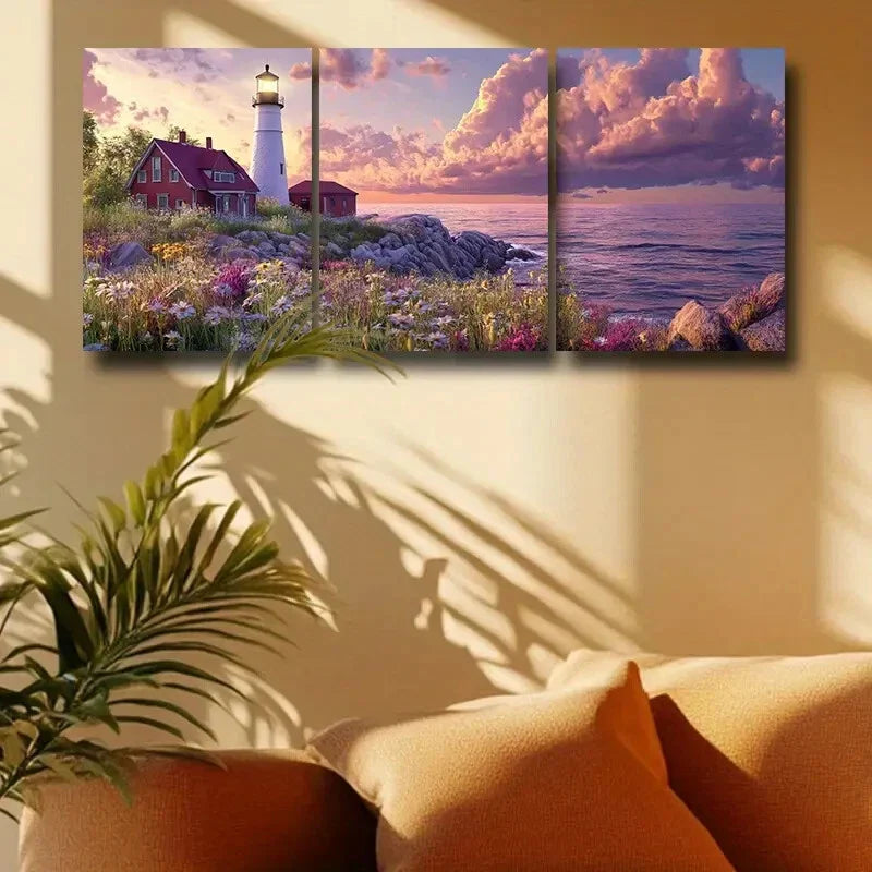 3pcs Lighthouse, Vibrant Sunset & Ocean Scenery Metal Print Ready to Hang Art
