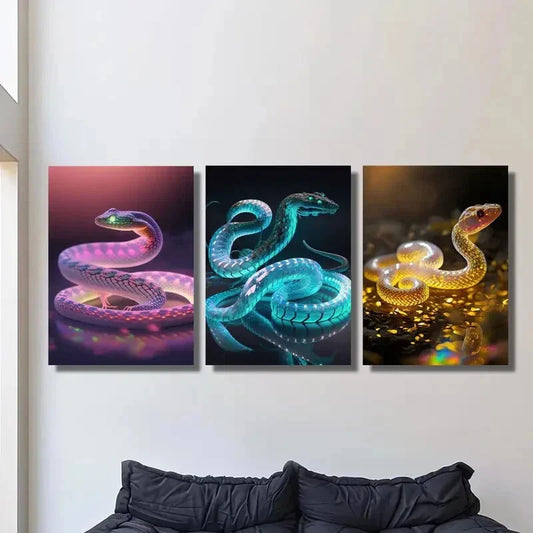 3pcs Pink, Blue, Golden Glowing Serpent  Metal Print Ready to Hang Art