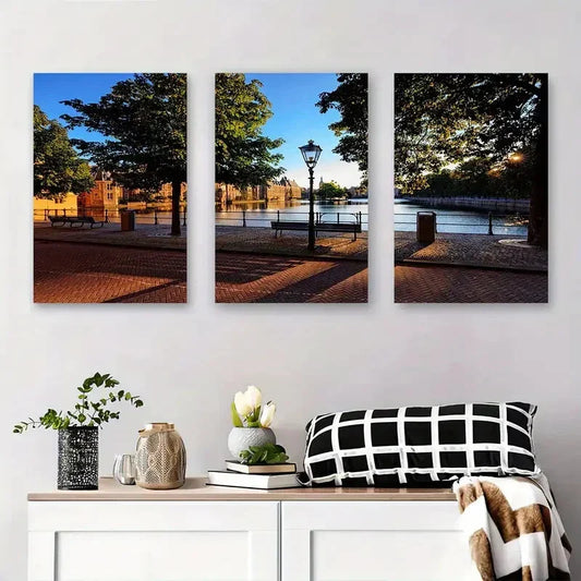 3pcs Serene Canal Side Park Peaceful Waterfront Metal Print Ready to Hang Art