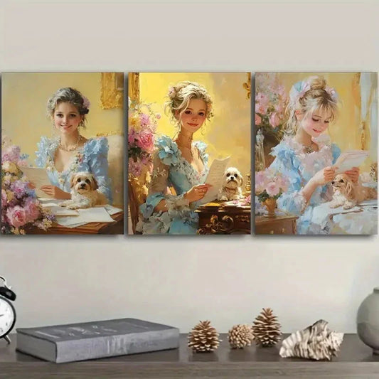 3pcs Afternoon Time Girl with Dog Art Painting Metal Print Ready to Hang Art