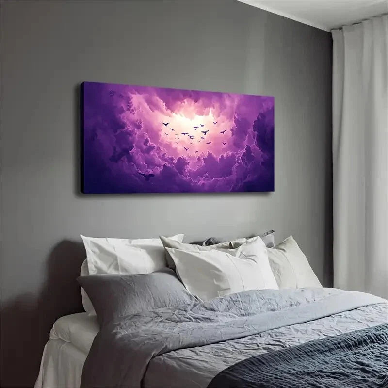 Birds in Purple Clouds Modern Wall Art Canvas Office Home Room Framed 120x60cm