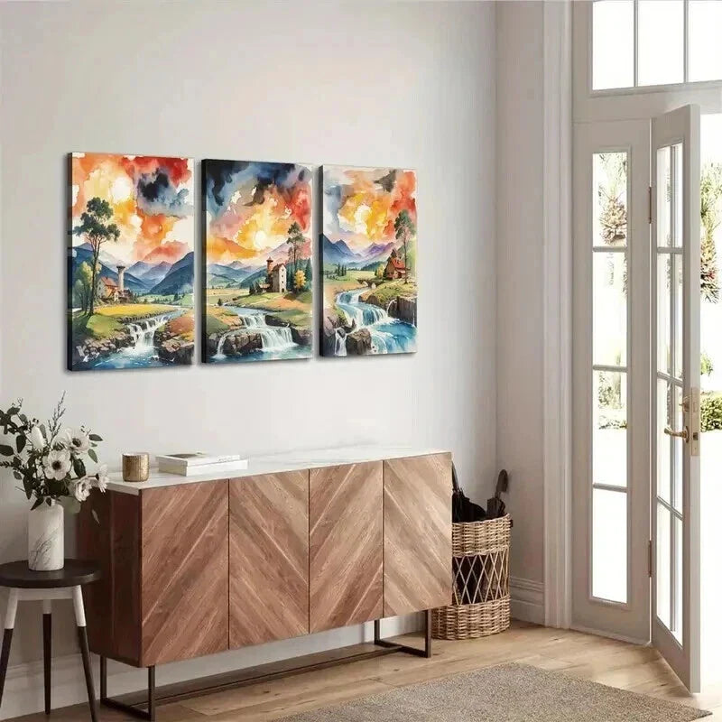 3pcs Serene River Waterfall & Mountain Landscape Wall Art Set Canvas Framed 40x60cm - High Quality Print 100% Australian Made Wall Canvas Ready to Hang