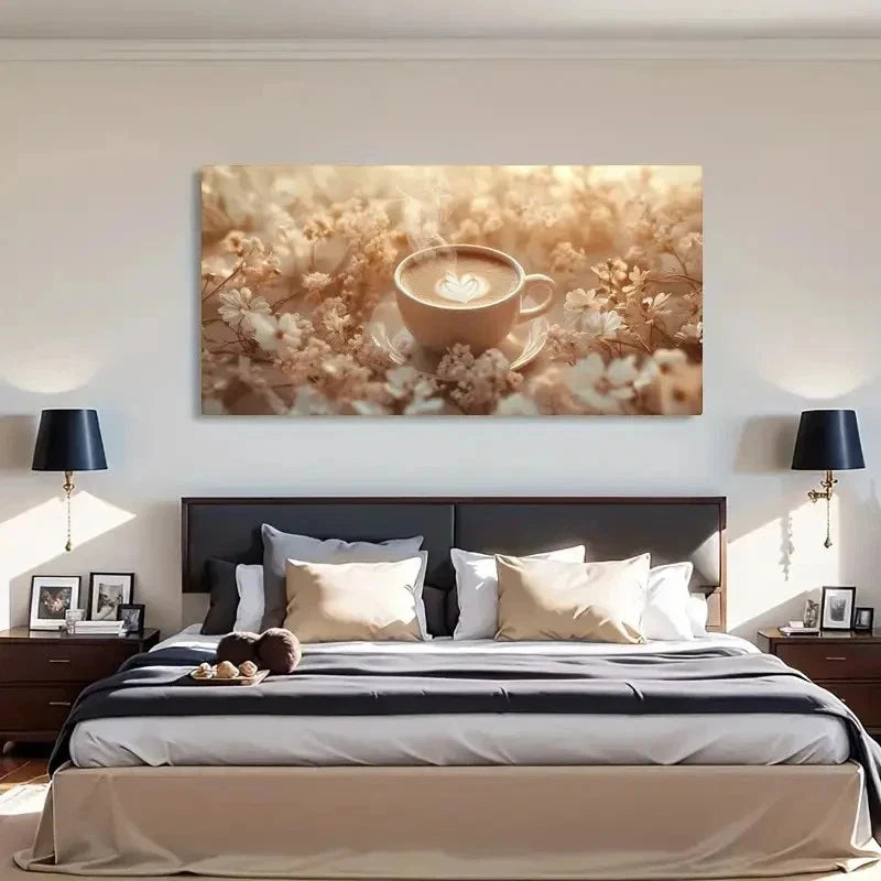Coffee & Floral Warm Steam Wall Art Canvas Office Home Room Framed 120x60cm