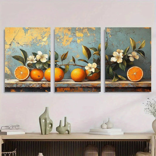 3pcs Vintage Fruits and Flowers Orange and Grey Metal Print Ready to Hang Art