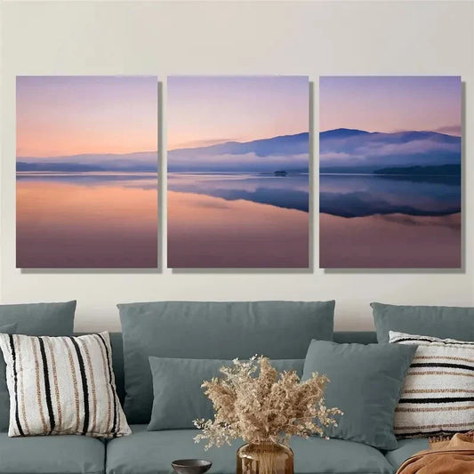 3pcs Mountains, sunrise, fog, lake, reflection, Metal Print Ready to Hang Art