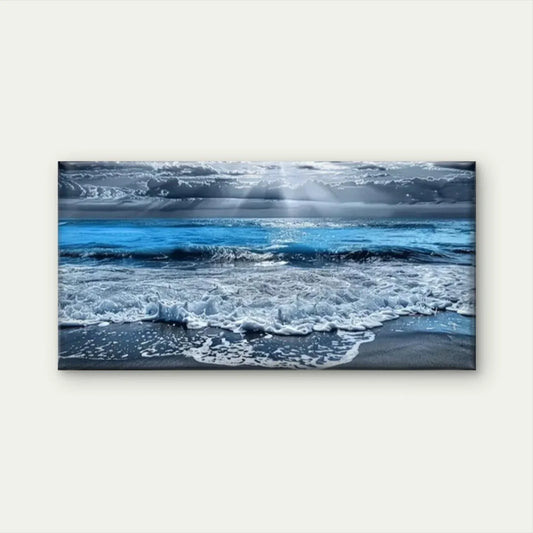 Beach Waves Sand Blue Wall Art Canvas Office Home Room Framed 80x45cm