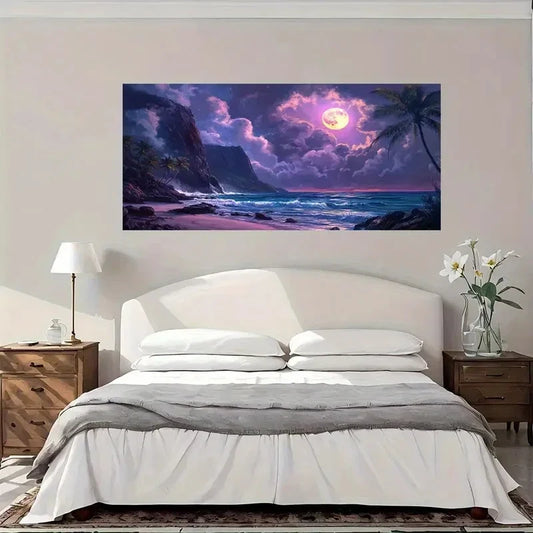 Purple Moonlit Beach Palm Tree Wall Art Canvas Office Home Room Framed 80x45cm