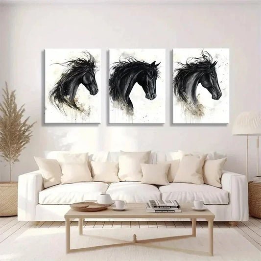 3pcs Black Horse Portrait Canvas Painting Metal Print Ready to Hang Art