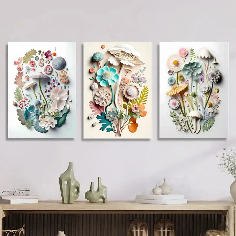3pcs   flower and mushroom decorative painting liquid Metal Print Ready to Hang Art