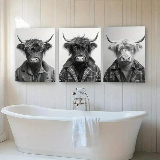 3pcs Highland Cow Portrait Fluffy Black Perfect Wall Art Set Canvas Framed 40x60cm - High Quality Print 100% Australian Made Wall Canvas Ready to Hang
