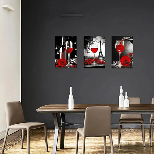 3pcs Black and White with Red Wine Glass Metal Print Ready to Hang Art