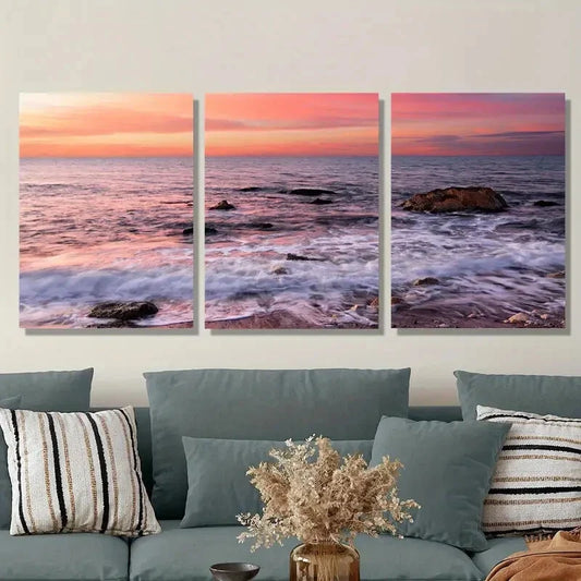 3pcs Sunset And Colorful Glow on The Sea, Metal Print Ready to Hang Art