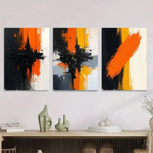 3pcs Vibrant Orange & Black White & Gray Accents Metal Print Ready to Hang Art