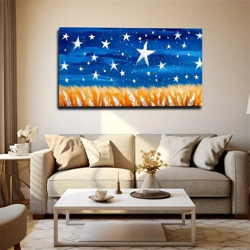 Starry Sky Over Wheat Field Wall Art Canvas Office Home Room Framed 80x45cm