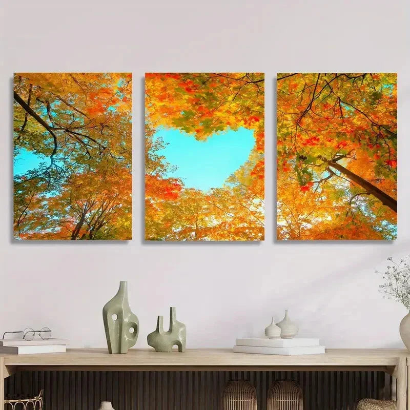 3pcs Heart Shaped Autumn Forest Trees Metal Print Ready to Hang Art