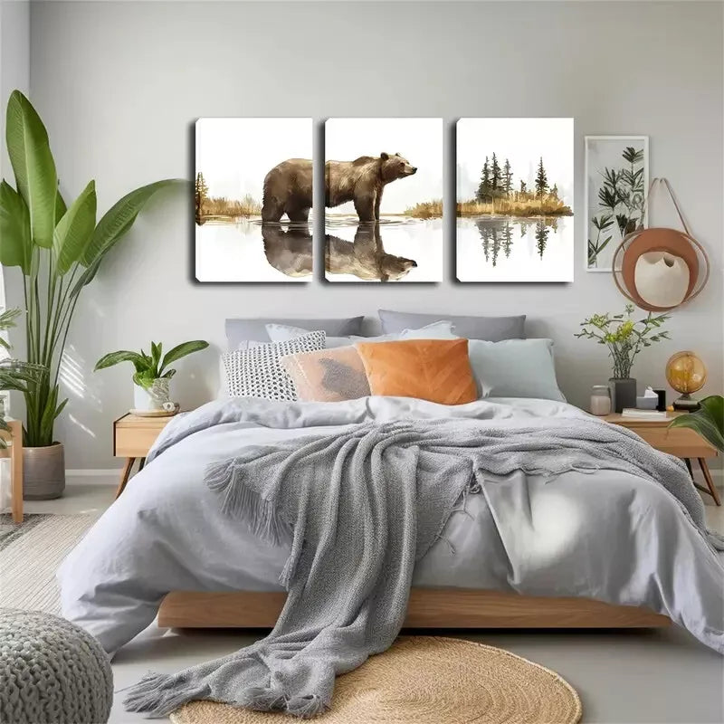 3pcs Bear Standing on The Lake Wall Art Set Canvas Framed 40x60cm - High Quality Print 100% Australian Made Wall Canvas Ready to Hang