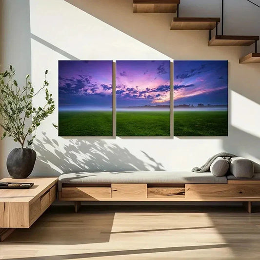 3pcs Endless Grassland, Purple Sky Metal Print Ready to Hang Art