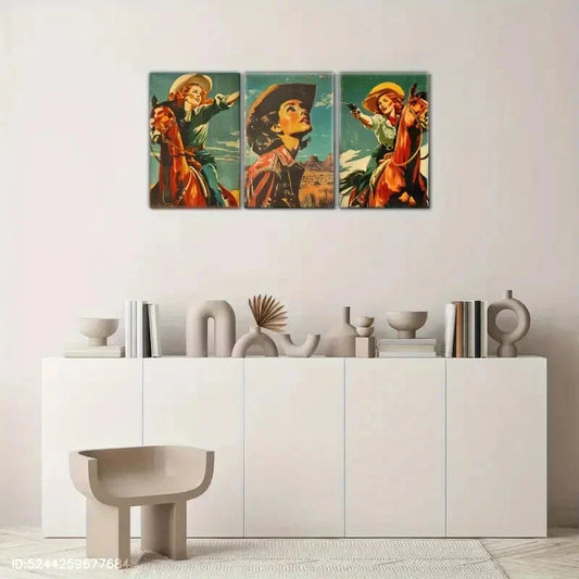 3pcs Cowgirl in Desert Scene Wild West Art Poster Metal Print Ready to Hang Art