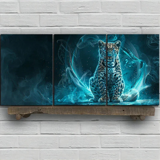 3pcs Tiger Sitting On Floor Blue Themed Metal Print Ready to Hang Art