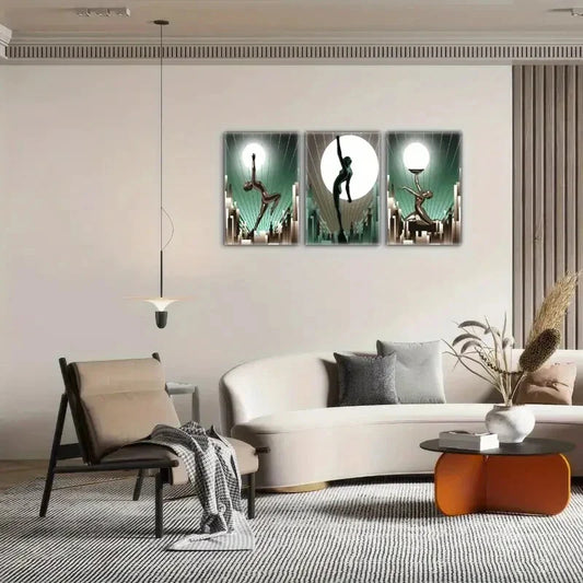 3pcs Space Artistic Sculpture and City Poster Metal Print Ready to Hang Art