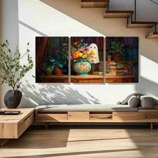 3pcs Artistic Floral Arrangement Ghostly Figure Metal Print Ready to Hang Art