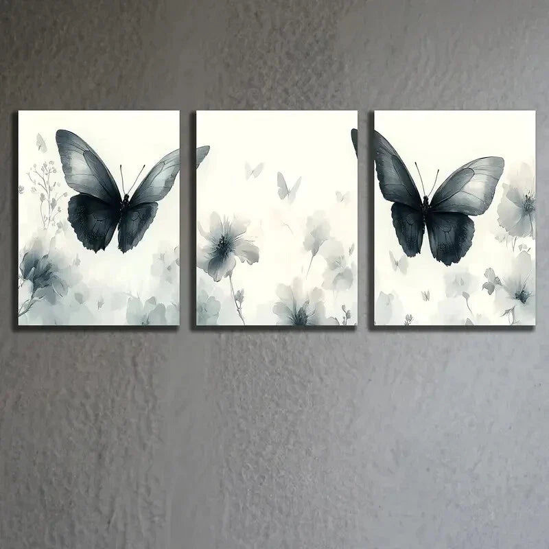 3pcs Modern Butterfly & Floral Wall Art Metal Print Ready to Hang Art