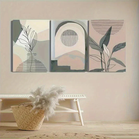 3pcs Abstract Line Bohemian Vase Rose Pattern Metal Print Ready to Hang Art