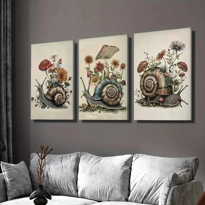 3pcs Vintage Snail Flower Mushroom Wall Art Set Canvas Framed 40x60cm - High Quality Print 100% Australian Made Wall Canvas Ready to Hang