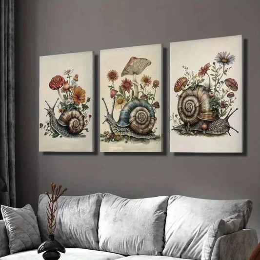 3pcs Vintage Snail Flower Mushroom Wall Art Set Canvas Framed 40x60cm - High Quality Print 100% Australian Made Wall Canvas Ready to Hang