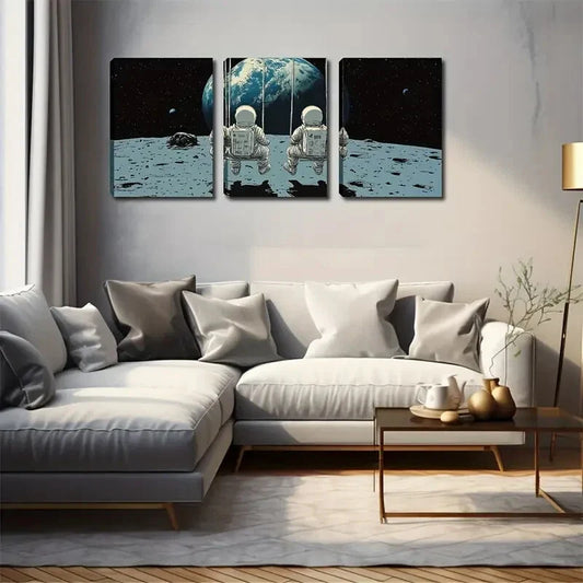 3pcs Astronauts on Moon with Earth View Wall Art Set Canvas Framed 40x60cm - High Quality Print 100% Australian Made Wall Canvas Ready to Hang