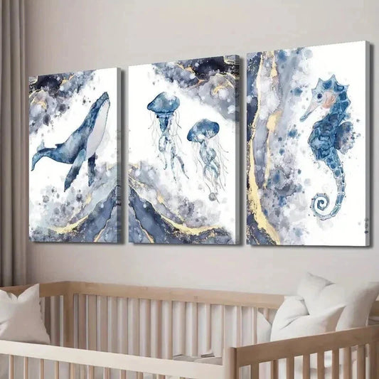 3pcs Blue & Golden Whale Jellyfish Seahorse Wall Art Set Canvas Framed 40x60cm - High Quality Print 100% Australian Made Wall Canvas Ready to Hang