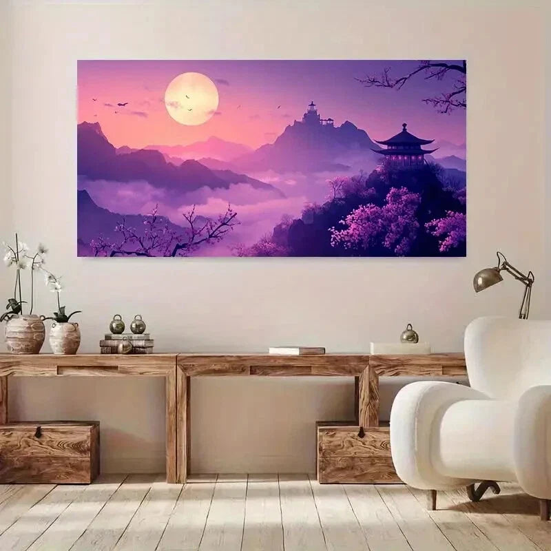 Pink Sunset Pagoda Forest wall canvas office home room framed 120x60cm