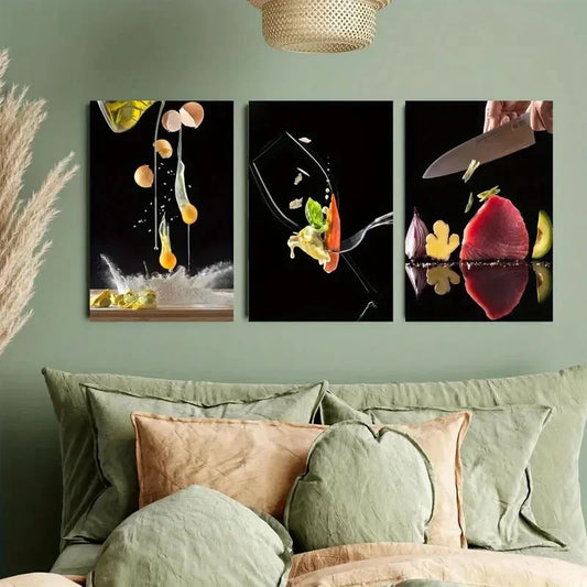 3pcs Lyme Grass on Fresh Tuna Chunks Metal Print Ready to Hang Art