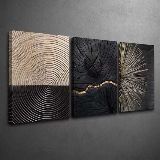 3pcs Luxury Black & Golden Wood Grain Canvas Framed 40x60cm - High Quality Print 100% Australian Made Wall Canvas Ready to Hang