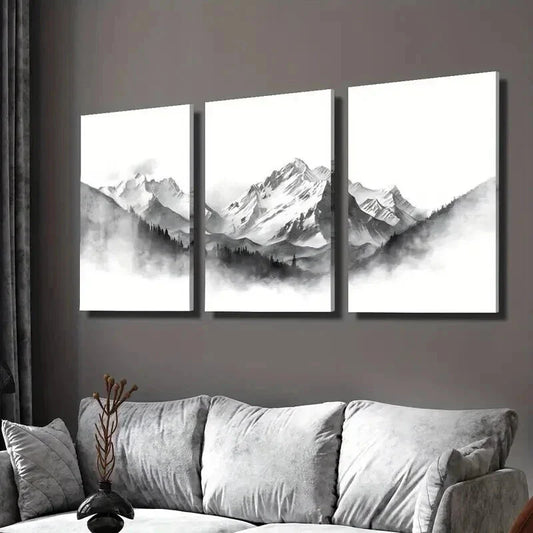 3pcs Snow Capped Peaks and Foggy Forest Scenery Wall Art Set Canvas Framed 40x60cm - High Quality Print 100% Australian Made Wall Canvas Ready to Hang