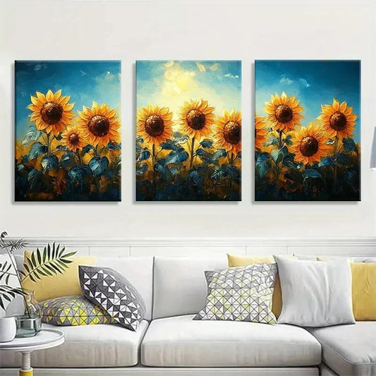 3pcs Vibrant Sunflower Field Yellow & Orange Metal Print Ready to Hang Art