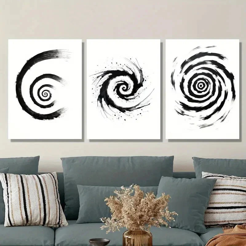3pcs Black and White Spiral Minimalist Abstract Metal Print Ready to Hang Art