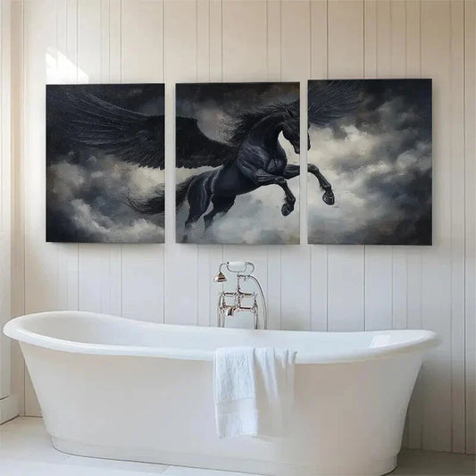3pcs Winged Horse Soaring Through Stormy Perfect Wall Art Set Canvas Framed 40x60cm - High Quality Print 100% Australian Made Wall Canvas Ready to Hang
