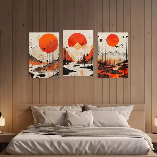 3pcs Abstract Landscape with Red Sun, Pine Trees Metal Print Ready to Hang Art