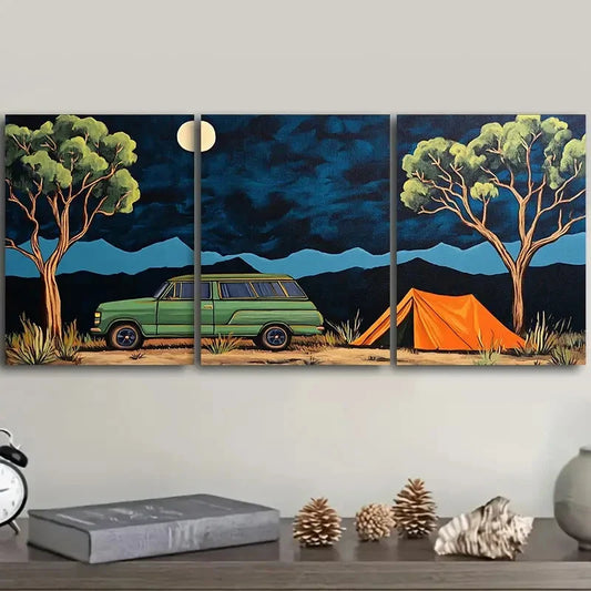 3pcs Green Station Wagon Art Painting  Metal Print Ready to Hang Art